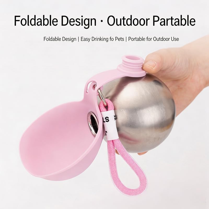 2 in 1 Portable Tumbler with Foldable Silicone Bowl for Pets, Portable Dog Water Ball,10Oz Stainless Steel Dog Water Bottle, Hydration Bottle for Walking,Suitable For Small Pets, 1 Extra Silicone Bowl