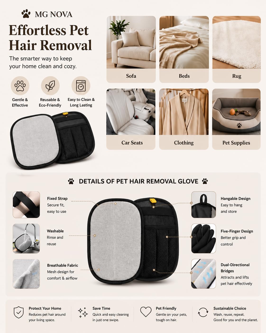 Pet Hair Remover Gloves (2 Pack) for Furniture & Clothes - Reusable Lint Cleaning Mitt for Dog & Cat Hair - Sofa, Car, Couch & Home - Easy to Use & Wash