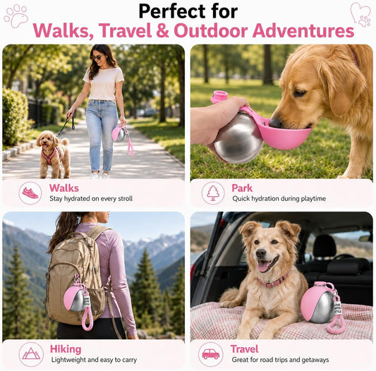 Portable Dog Water Bottle with Foldable Silicone Bowl, 10 oz Stainless Steel Dog Travel Water Dispenser, Compact Leak-Resistant Pet Water Bottle for Walks, Hiking, Camping (Pink)