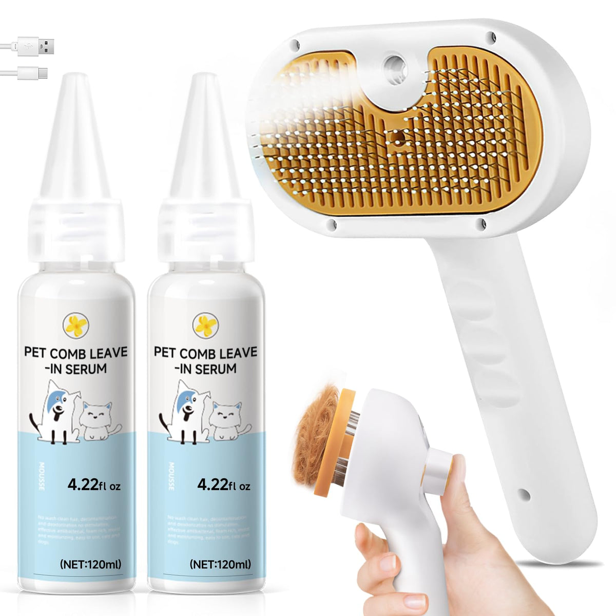 Pet Steam Brush for Dog & Cat – shower bath brush – Steam for Shedding & Grooming Water Brush for Long & Short Haired Pets Spritz Defur Comb 3-in-1 Spray Hair Removal Comb Includes 1*Waterless Shampoo