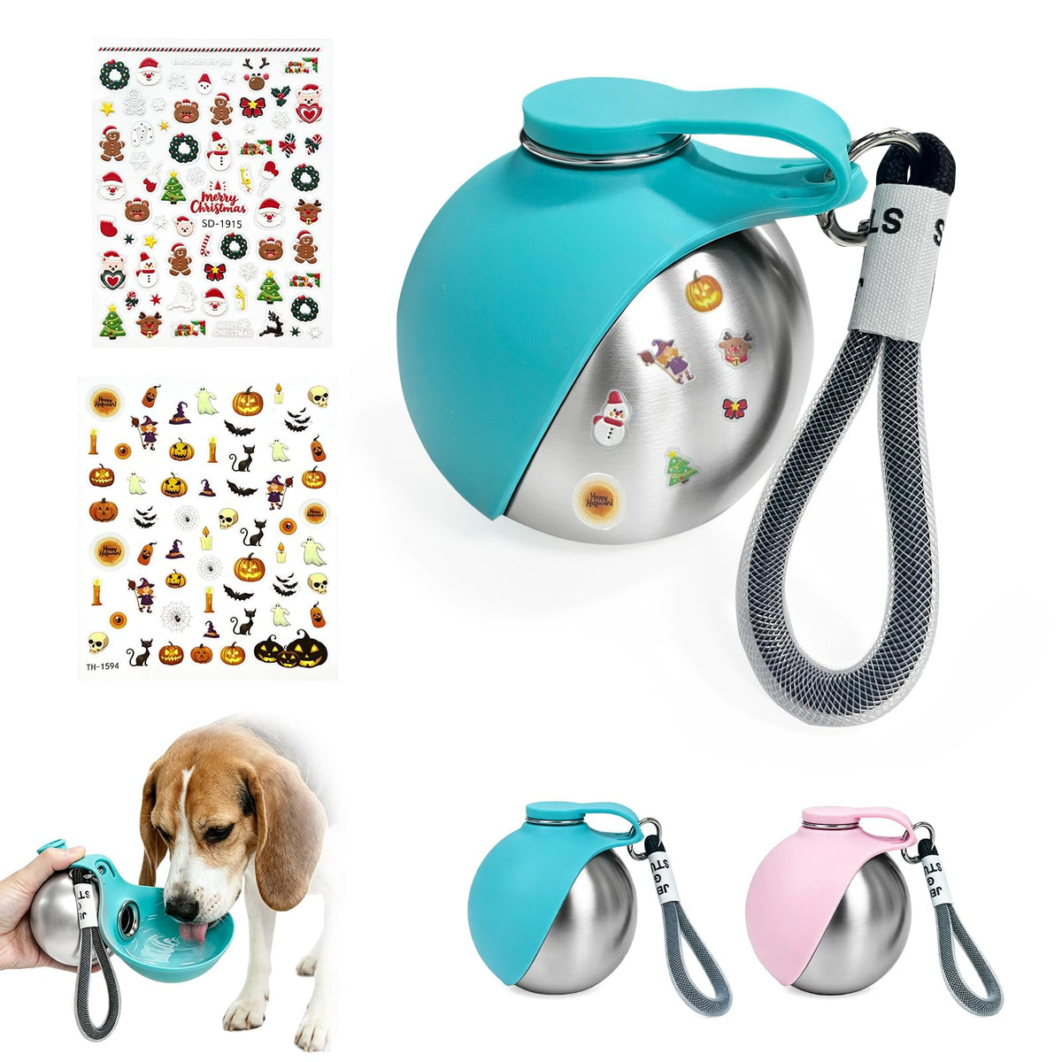 2 in 1 Portable Tumbler for Dogs,Portable Dog Water Ball(Pair with Halloween stickers DIY),10Oz Stainless Steel Dog Water Bottle with Silicone Foldable Bowl,Portable Small Dog Water Bottle for Walking