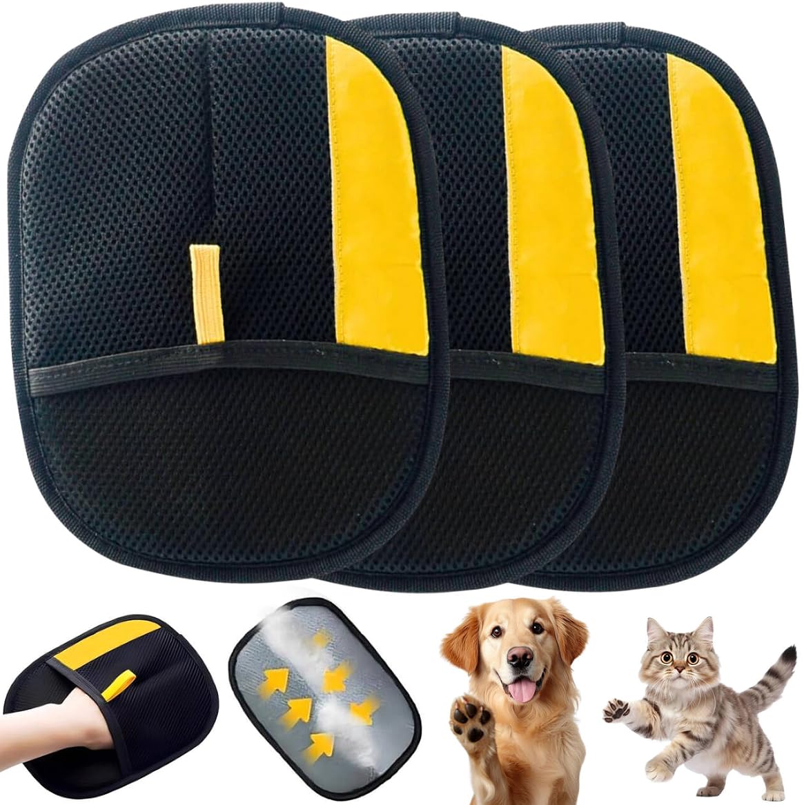 Electrostatic Pet Hair Removal Gloves for Cats & Dogs–Upgraded Reusable Magic Brush Tool for Quick Wiping on Couch,Carpet,Laundry,Car Seat & Pet Beds(3PC,Yellow)