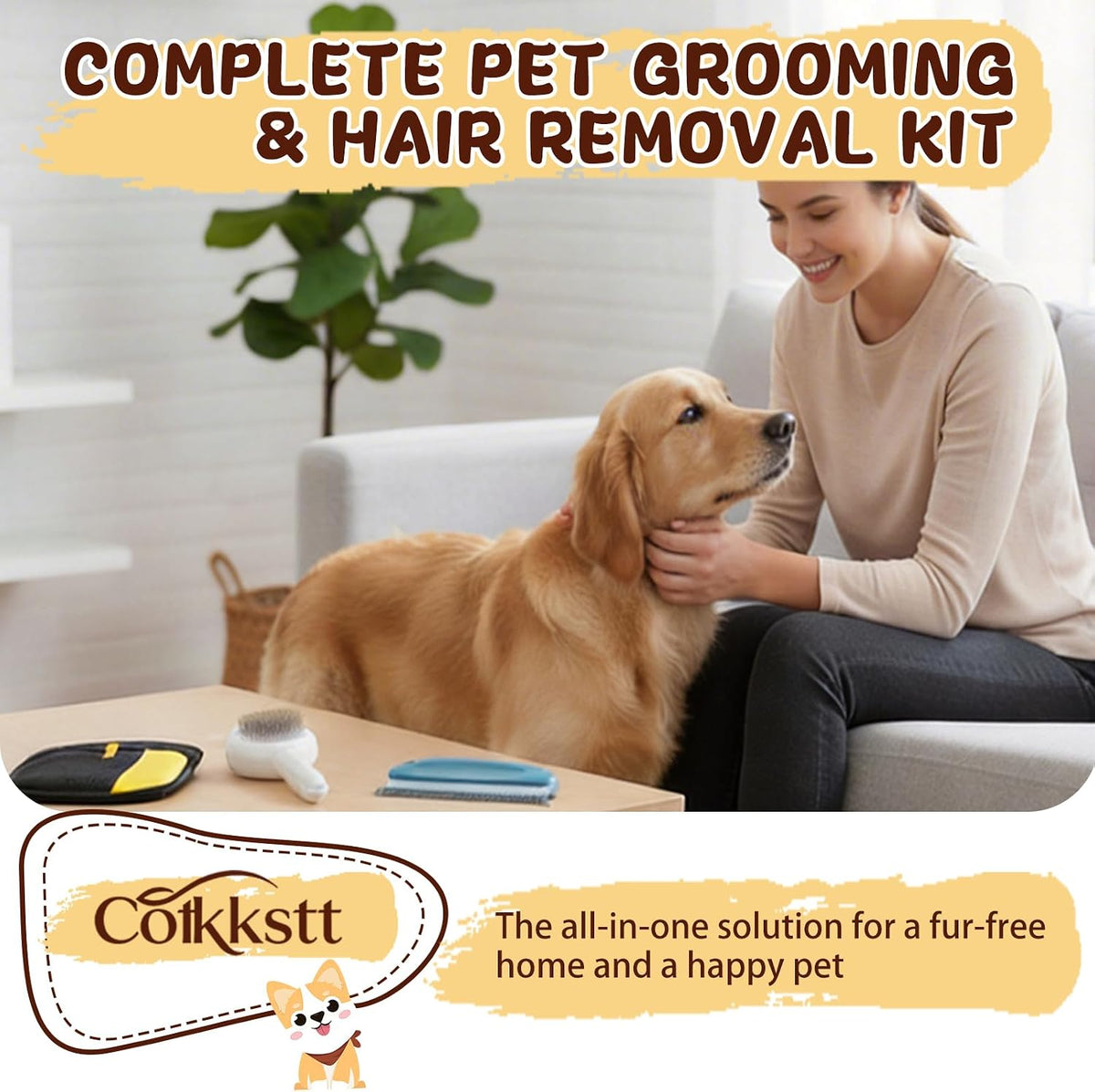 5Pcs Pet Hair Remover Glove Kit for Dogs & Cats - 2 Pack Grooming Gloves & Rubber Brush & Comb - Reusable Pet Hair Remover for Laundry for Furniture Carpet Car Interior Couch Bedding Auto Detailing