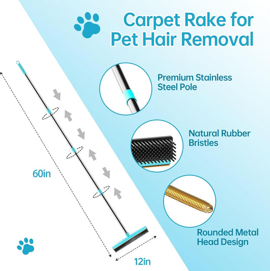 SOCCSO Carpet Rake Pet Hair Remover, 60" Long Rubber Broom, 3 Pack