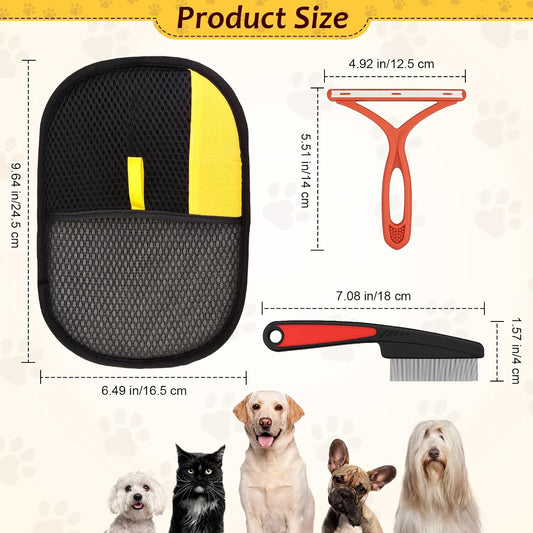 3 Pcs Pet Hair Removal Glove Set, Reusable Electrostatic Pet Hair Remover with Hair Remover Brush and Pet Comb, Upgrade Efficient Cats&Dogs Grooming Gloves for Clothes Furniture Carpet Seat