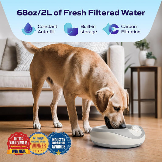 Maxi Portable Filtered Pet Water Bowl, 2L/68oz – Auto-Refill & No-Spill Water Dispenser with Carbon Filter- No Power or Batteries Needed - Travel Bowl for Dogs & Cats - Barkwood Beige