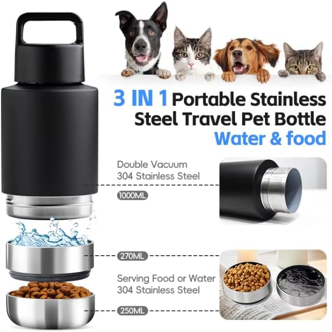 Insulated Water Bottle for Dog | Ideal Dog Mom Gifts | 34 oz Leakproof Travel Bottle | Convenient Travel Dog Bowls | Perfect for Hydration on the Go | 3 in 1 Portable Solution for Pet Owners (Orange)