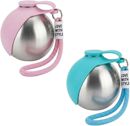 2 in 1 Portable Tumbler with Foldable Silicone Bowl for Pets, Portable Dog Water Ball,10Oz Stainless Steel Dog Water Bottle, Hydration Bottle for Walking,Suitable For Small Pets, 1 Extra Silicone Bowl