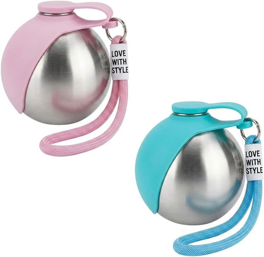 2 in 1 Portable Tumbler with Foldable Silicone Bowl for Pets, Portable Dog Water Ball,10Oz Stainless Steel Dog Water Bottle, Hydration Bottle for Walking,Suitable For Small Pets, 1 Extra Silicone Bowl