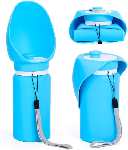 Collapsible Dog Water Bottle, 19oz Portable Pet Travel Water Cup with Built‑in Bowl, Leak Proof Food Grade Silicone, One Hand Operated Outdoor Dispenser for Walking Hiking Camping (Sky Blue)