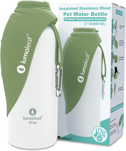 LumoLeaf Insulated Dog Water Bottle 27 oz Stainless Steel - Keep Water Cool or Warm, Portable Pet Water Bowl for Travel, Wide Mouth for Easy Ice Filling & Cleaning (Green, 27 oz)