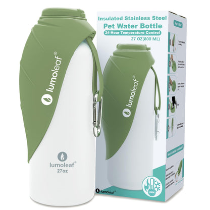 LumoLeaf Insulated Dog Water Bottle 27 oz Stainless Steel - Keep Water Cool or Warm, Portable Pet Water Bowl for Travel, Wide Mouth for Easy Ice Filling & Cleaning (Green, 27 oz)