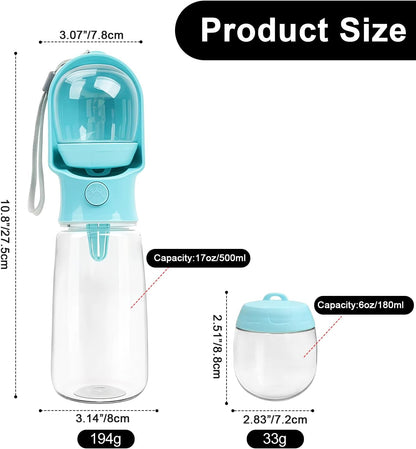 Blue Large Portable Dog Water Bottle(17oz) with Food Container