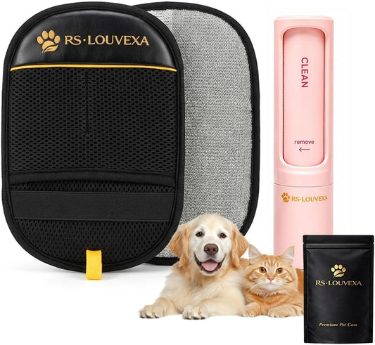 Pet Hair Remover Kit for Dogs & Cats – Reusable Lint Roller & Grooming Glove, Removes Pet Hair from Furniture, Couch, Carpet, Clothes & Car Seats, Portable Fur Remover, No Refills