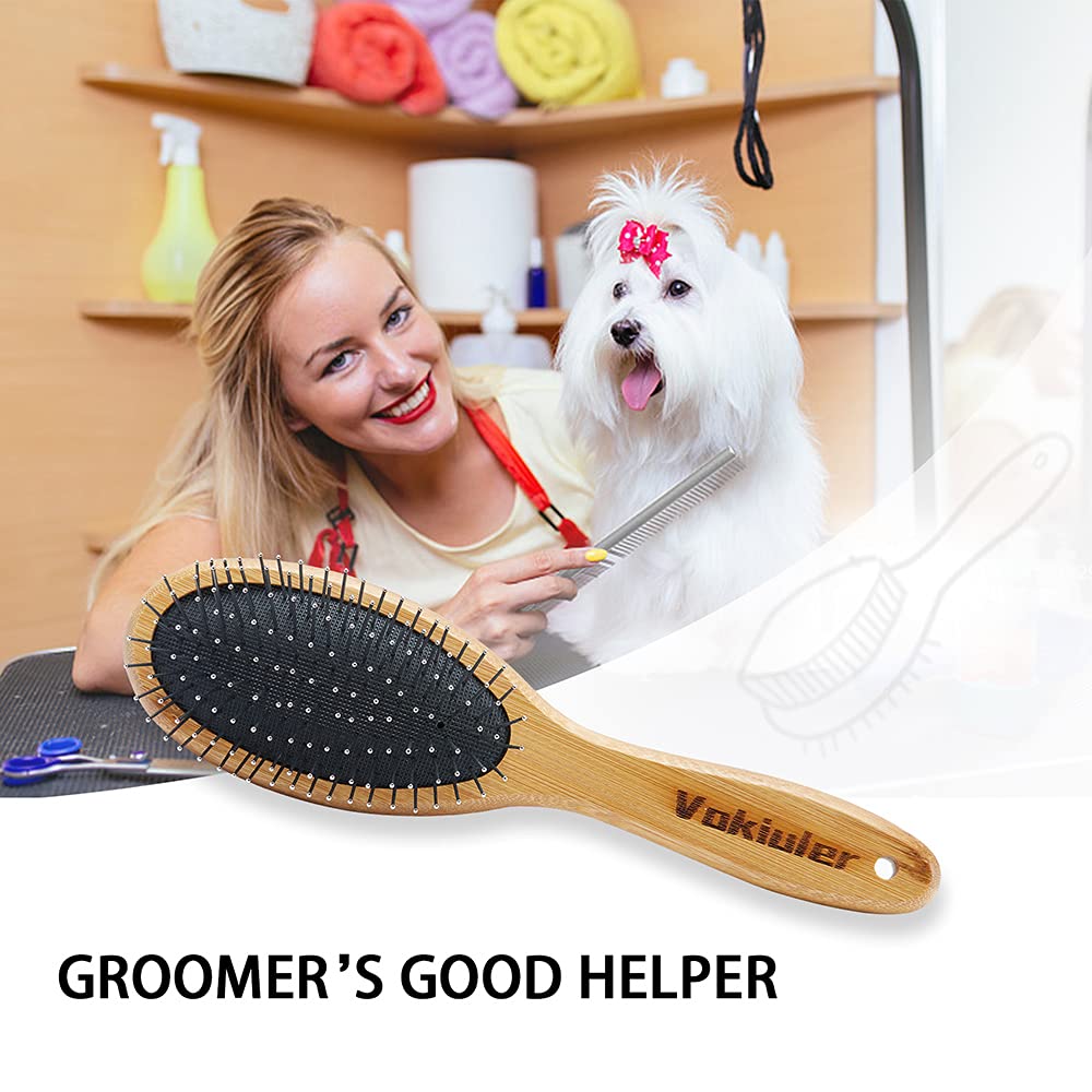 Dog Brush Cat Brush, Vokiuler Double Sided Bristle and Pin Pet Brush for Dog Grooming, Real Boar Bristle Shedding Brush with Bamboo Handle for Long Short Hair, 2 Pack Dog Comb, White