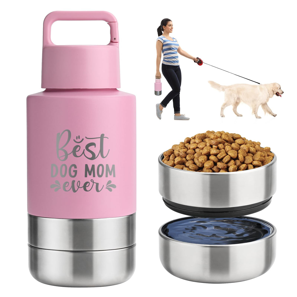 KEWIXY Insulated Dog Travel Water Bottle with Detachable Bowls, 3 in 1 Portable Dog Water Bottle Dispenser, Dog Accessories for Walking, Hiking, Camping, Outdoor (Navy Blue, 32 Oz)