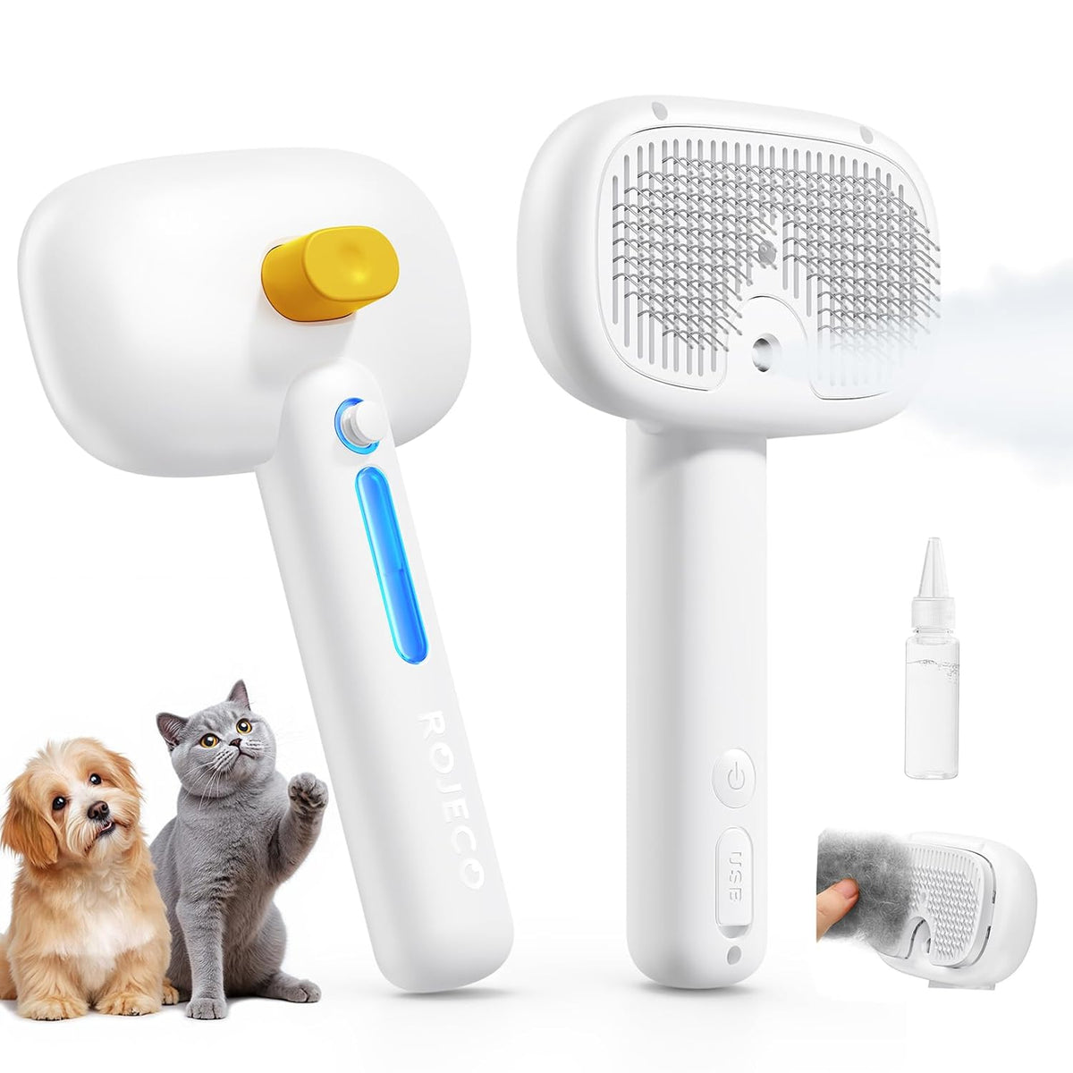 ROJECO 3-in-1 Pet Steam Brush,Spray Hair Removal Detangling Comb