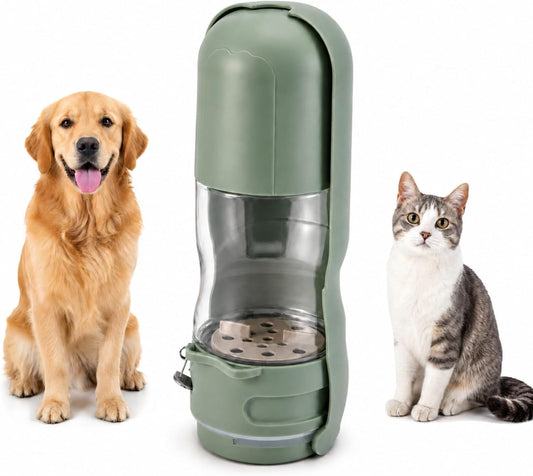 2 in 1 Portable Dog Water Bottle, Leak-Proof Pet Water Dispenser with Food Container, BPA Free Travel Dog Water Bottle with Filter, Hygienic Flip Cover Drinking Feeder for Walking Outdoor (Green)