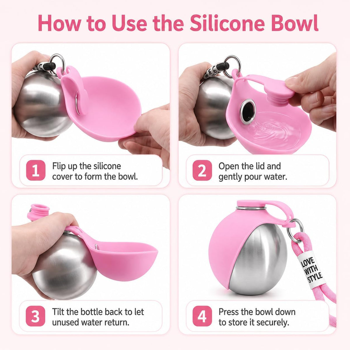 Portable Dog Water Bottle with Foldable Silicone Bowl, 10 oz Stainless Steel Dog Travel Water Dispenser, Compact Leak-Resistant Pet Water Bottle for Walks, Hiking, Camping (Pink)