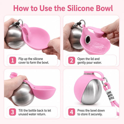 Portable Dog Water Bottle with Foldable Silicone Bowl, 10 oz Stainless Steel Dog Travel Water Dispenser, Compact Leak-Resistant Pet Water Bottle for Walks, Hiking, Camping (Pink)