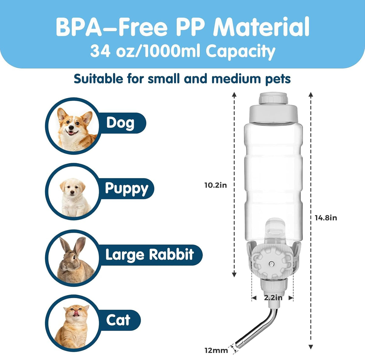 Vannon Water Bottle for Small Animals, 34oz Top-Fill Pet Dispenser, Grey