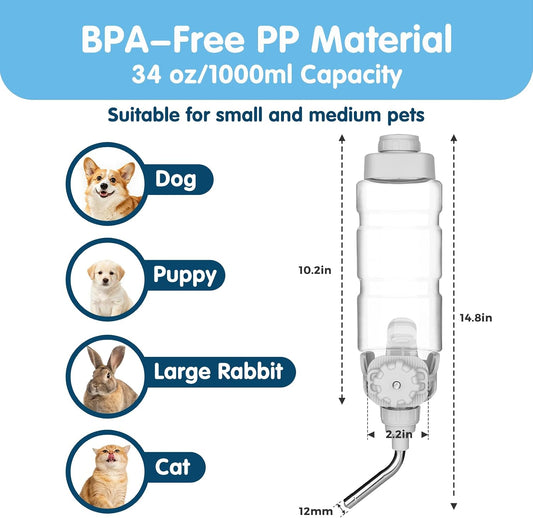 Vannon Water Bottle for Small Animals, 34oz Top-Fill Pet Dispenser, Grey