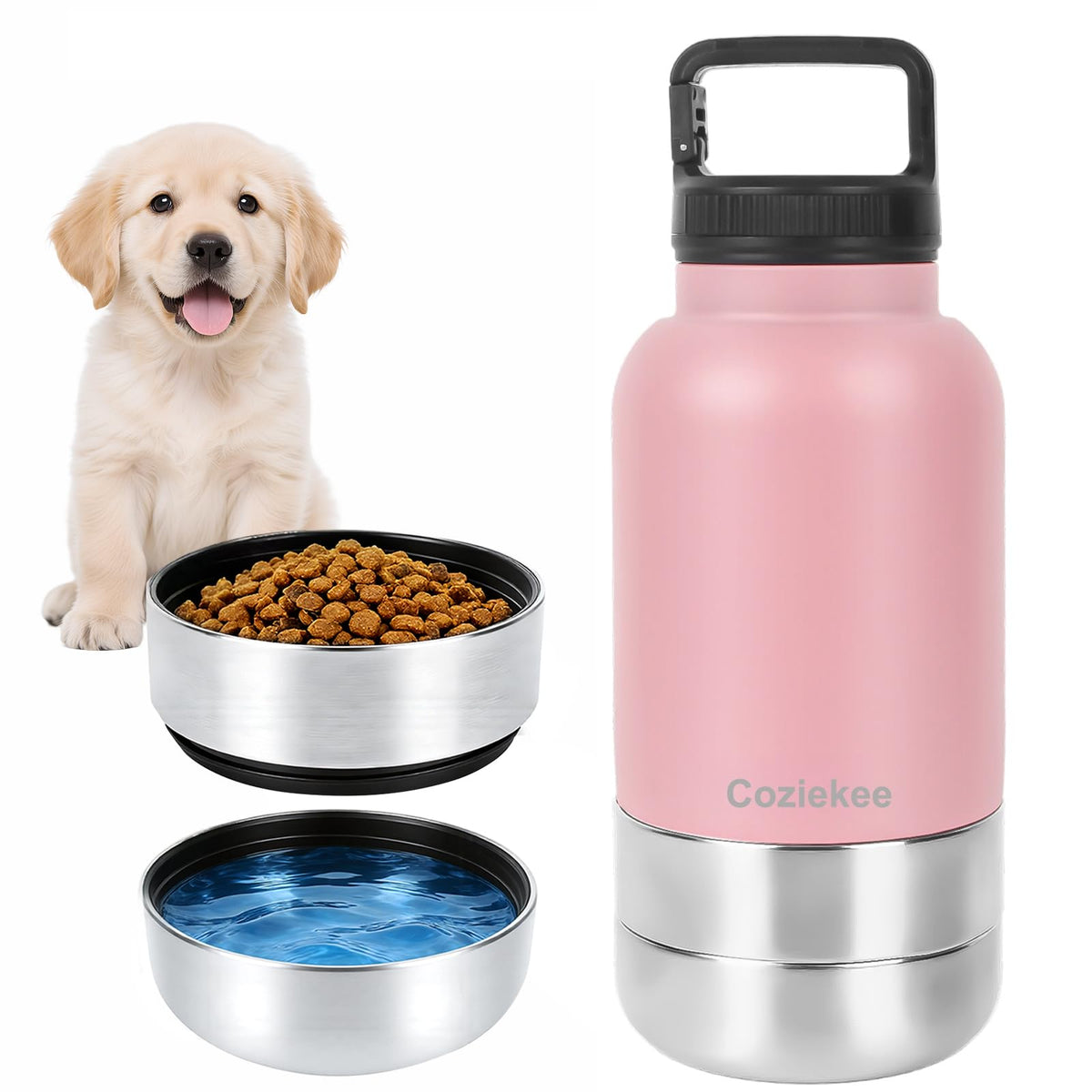 3-in-1 Dog Water Bottle Portable, 32oz Insulated Stainless Steel Pet Water Dispenser with 2 Detachable Travel Dog Bowls for Water & Food, Leak-Proof Puppy Water Bottle for Hiking, Walking (Pink)