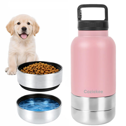 3-in-1 Dog Water Bottle Portable, 32oz Insulated Stainless Steel Pet Water Dispenser with 2 Detachable Travel Dog Bowls for Water & Food, Leak-Proof Puppy Water Bottle for Hiking, Walking (Pink)