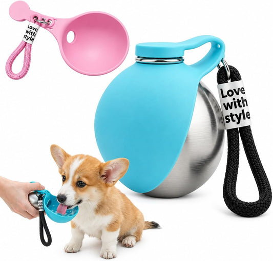 2 in 1 Portable Tumbler with Foldable Silicone Bowl for Pets, Portable Dog Water Ball,10Oz Stainless Steel Dog Water Bottle, Hydration Bottle for Walking,Suitable For Small Pets, 1 Extra Silicone Bowl