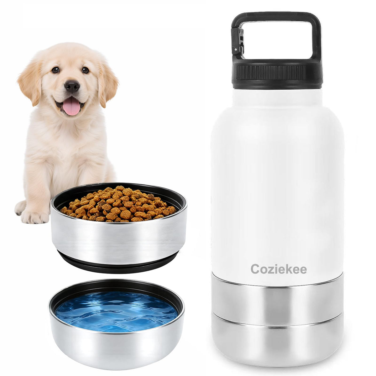 3-in-1 Dog Water Bottle Portable, 32oz Insulated Stainless Steel Pet Water Dispenser with 2 Detachable Travel Dog Bowls for Water & Food, Leak-Proof Puppy Water Bottle for Hiking, Walking (Pink)
