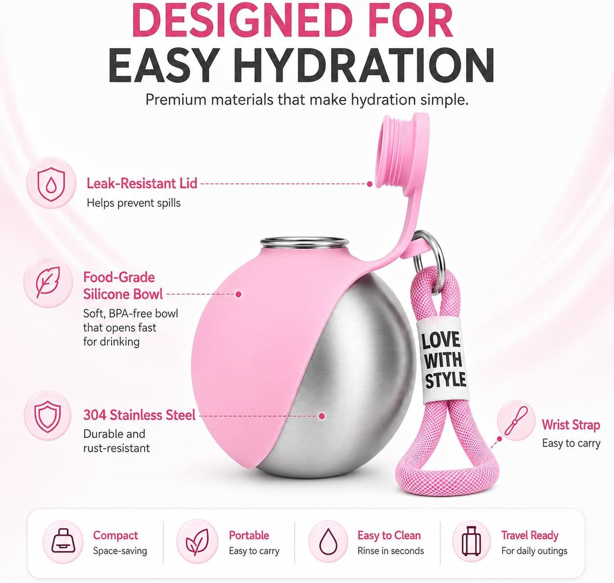 Portable Dog Water Bottle with Foldable Silicone Bowl, 10 oz Stainless Steel Dog Travel Water Dispenser, Compact Leak-Resistant Pet Water Bottle for Walks, Hiking, Camping (Pink)