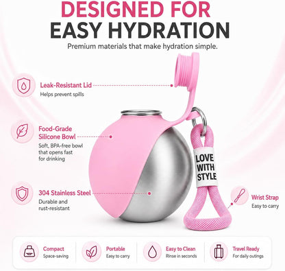 Portable Dog Water Bottle with Foldable Silicone Bowl, 10 oz Stainless Steel Dog Travel Water Dispenser, Compact Leak-Resistant Pet Water Bottle for Walks, Hiking, Camping (Pink)
