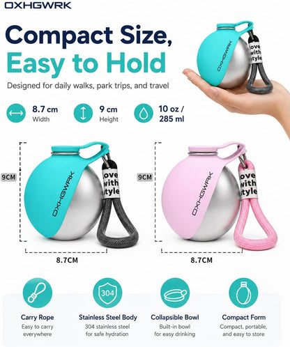 2 Pack Portable Dog Water Bottle with Bowl, 2 in 1 10oz Stainless Steel Travel Water Bottle for Dogs, Foldable Silicone Bowl, Leak-Proof Water Dispenser for Walking Hiking