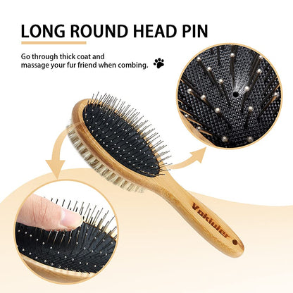 Dog Brush Cat Brush, Vokiuler Double Sided Bristle and Pin Pet Brush for Dog Grooming, Real Boar Bristle Shedding Brush with Bamboo Handle for Long Short Hair, 2 Pack Dog Comb, White