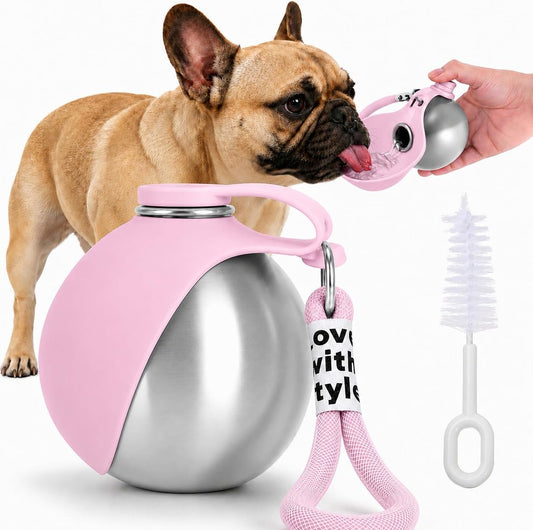 Portable Dog Water Bottle with Collapsible Silicone Bowl & Cleaning Brush
