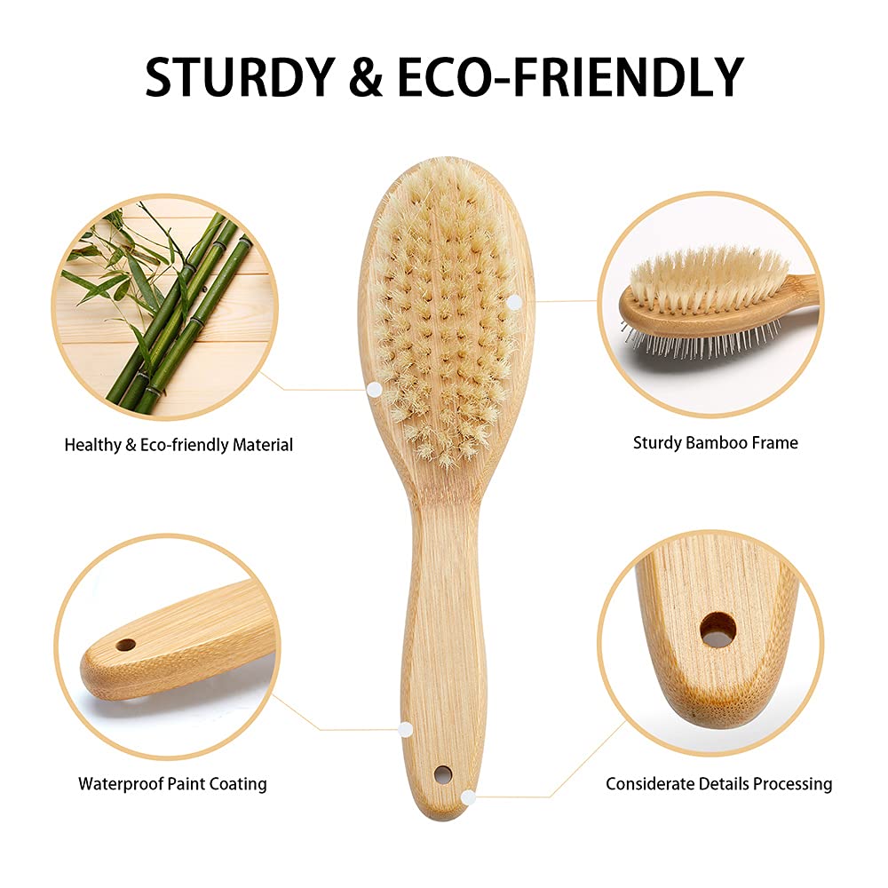 Dog Brush Cat Brush, Vokiuler Double Sided Bristle and Pin Pet Brush for Dog Grooming, Real Boar Bristle Shedding Brush with Bamboo Handle for Long Short Hair, 2 Pack Dog Comb, White