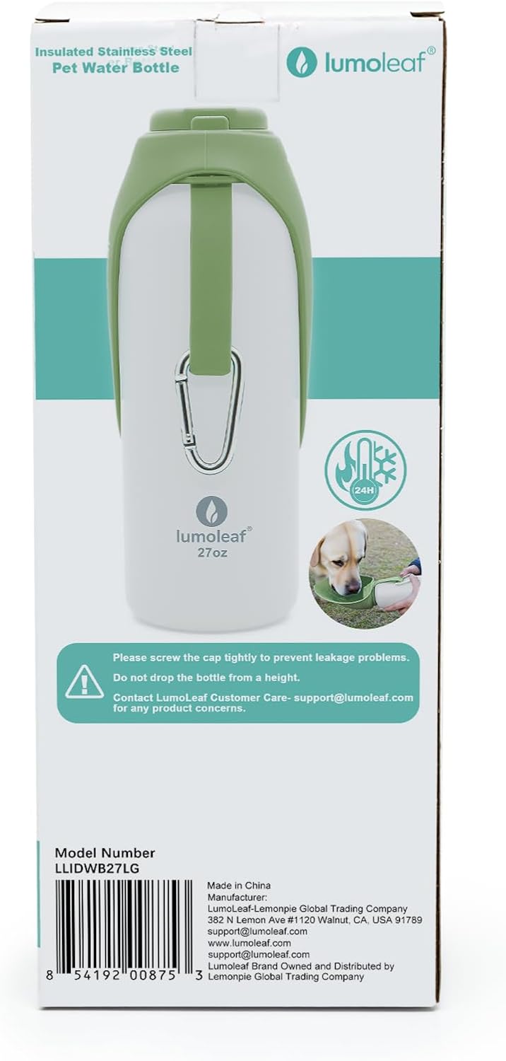 LumoLeaf Insulated Dog Water Bottle 27 oz Stainless Steel - Keep Water Cool or Warm, Portable Pet Water Bowl for Travel, Wide Mouth for Easy Ice Filling & Cleaning (Green, 27 oz)