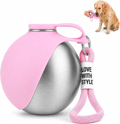 Portable Dog Water Bottle with Foldable Silicone Bowl, 10 oz Stainless Steel Dog Travel Water Dispenser, Compact Leak-Resistant Pet Water Bottle for Walks, Hiking, Camping (Pink)