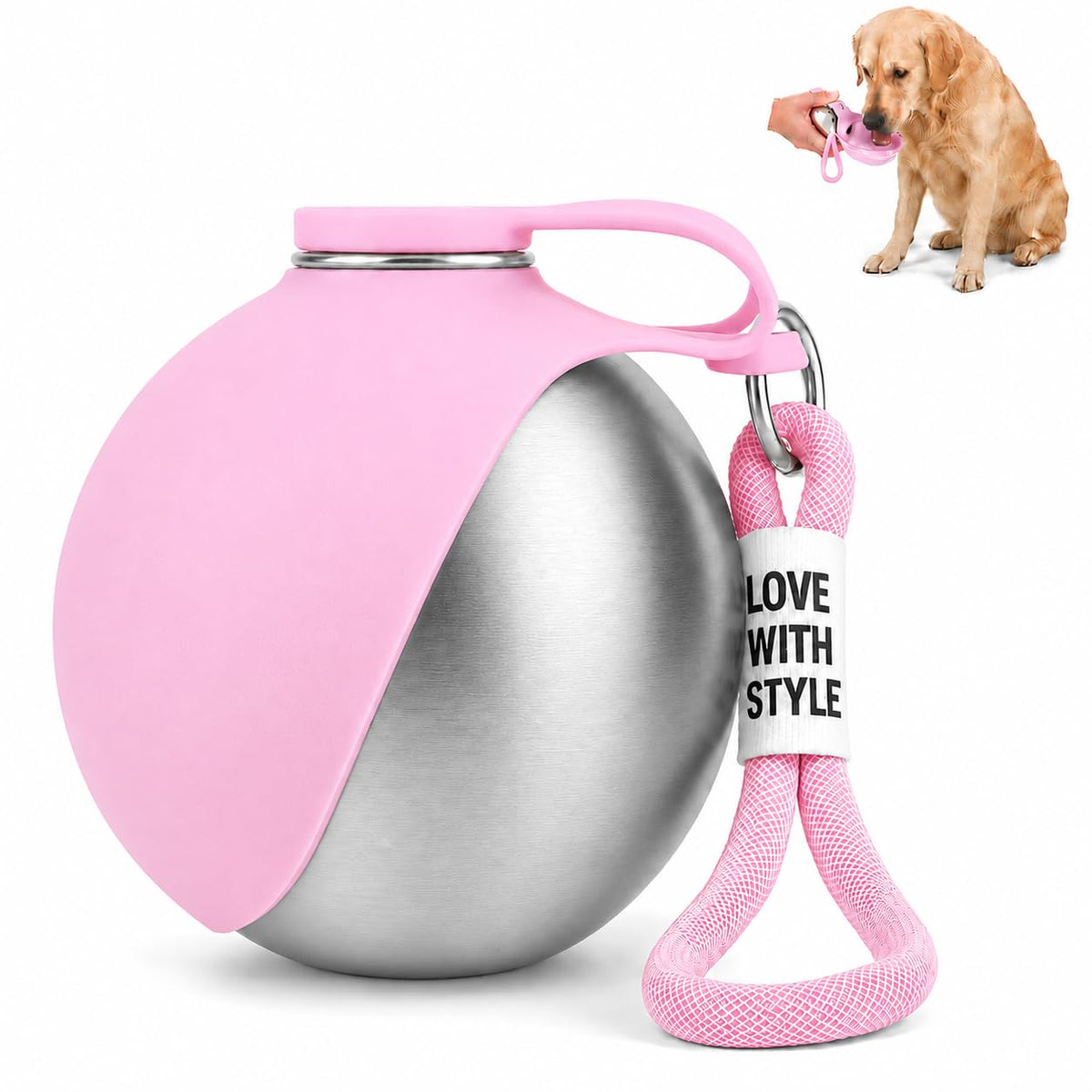 Portable Dog Water Bottle with Foldable Silicone Bowl, 10 oz Stainless Steel Dog Travel Water Dispenser, Compact Leak-Resistant Pet Water Bottle for Walks, Hiking, Camping (Pink)