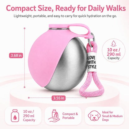 Portable Dog Water Bottle with Foldable Silicone Bowl, 10 oz Stainless Steel Dog Travel Water Dispenser, Compact Leak-Resistant Pet Water Bottle for Walks, Hiking, Camping (Pink)
