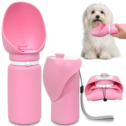2 in 1 Foldable Dog Water Bottle, Leakproof Portable Pet Dispenser, Pink
