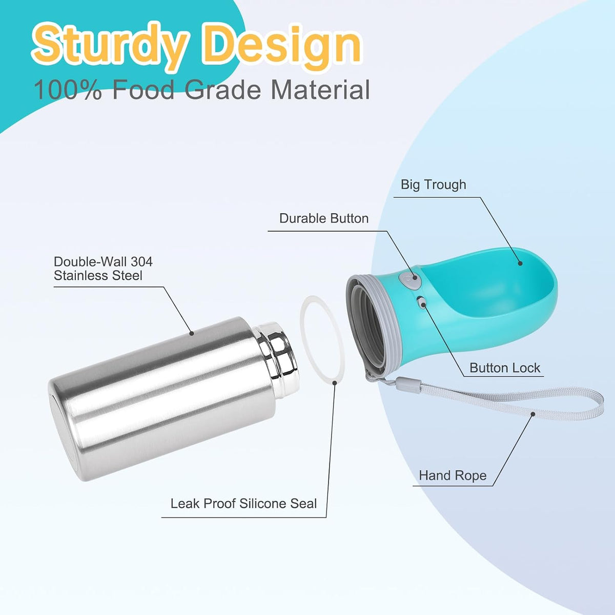 Portable Dog Water Bottle, 14 OZ Stainless Steel Pet Water Dispenser