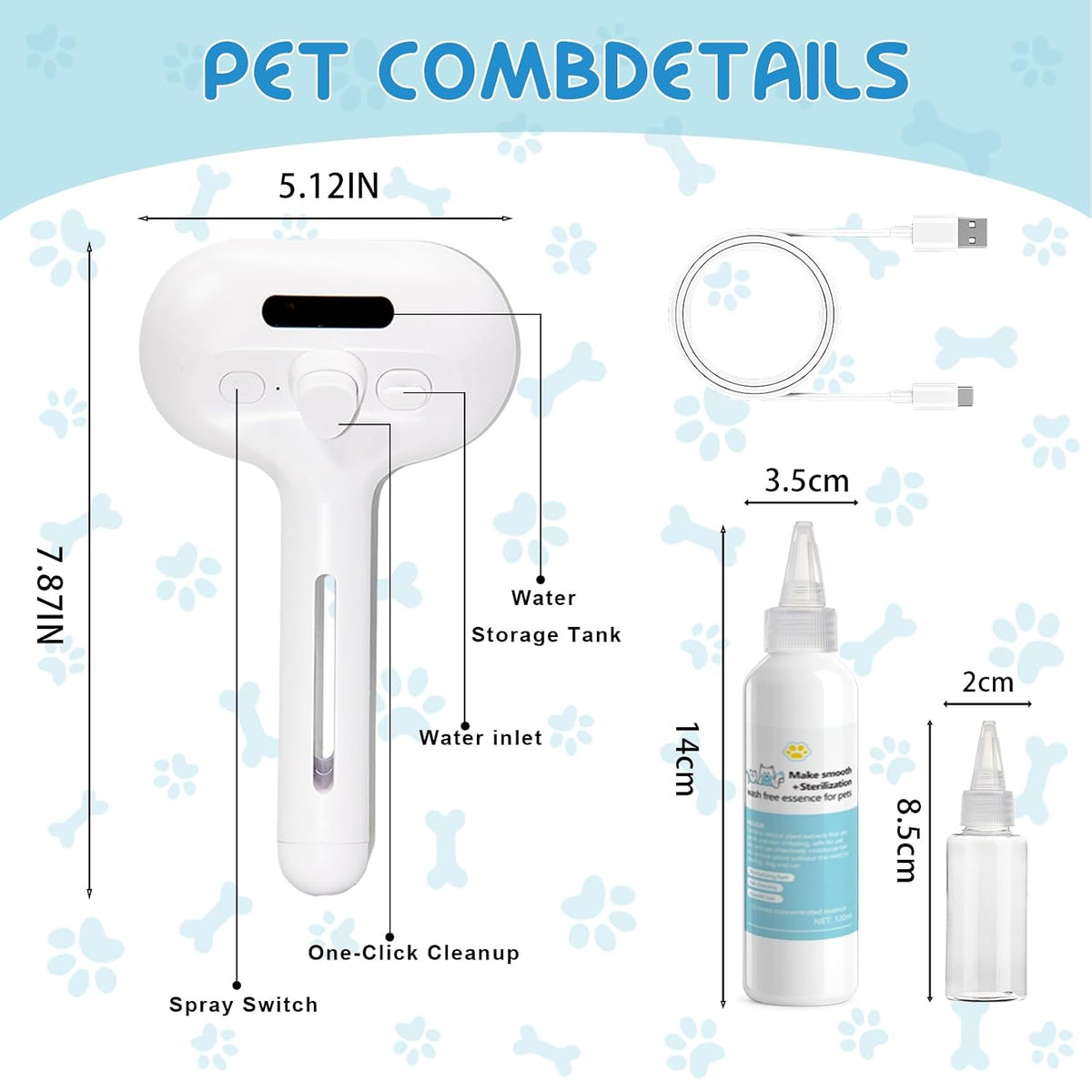 Pet Steam Brush for Cats & Dogs, Cool Mist Self-Cleaning Comb, White