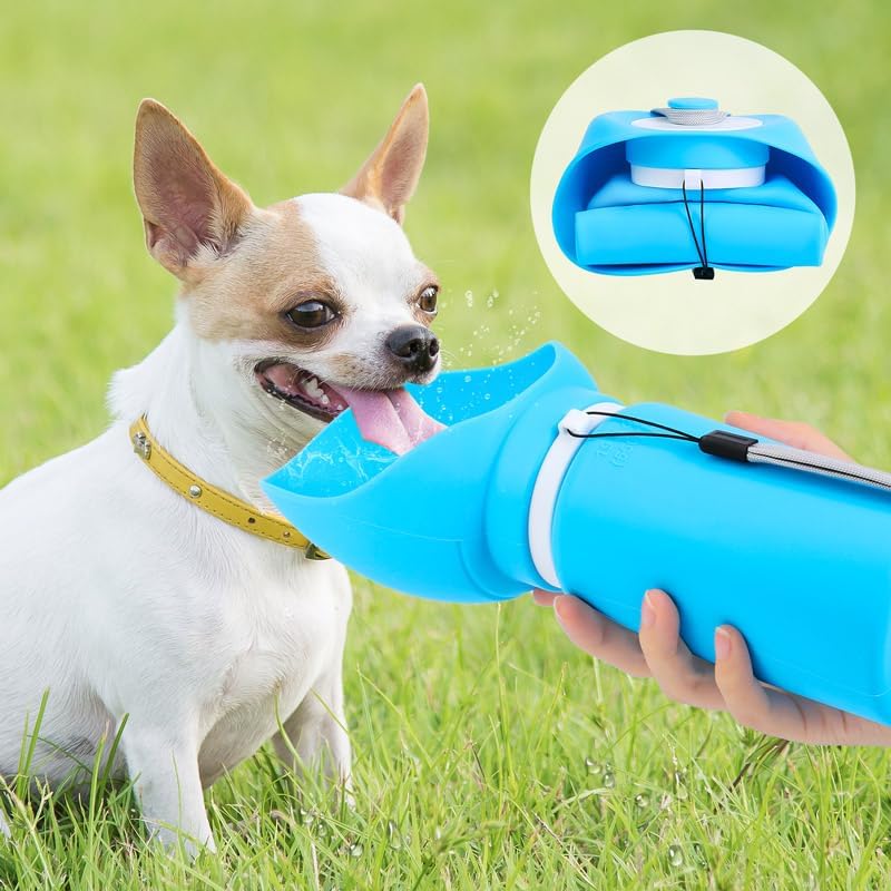 Collapsible Dog Water Bottle, 19oz Portable Pet Travel Water Cup with Built‑in Bowl, Leak Proof Food Grade Silicone, One Hand Operated Outdoor Dispenser for Walking Hiking Camping (Sky Blue)