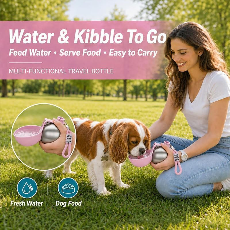 2 in 1 Portable Tumbler with Foldable Silicone Bowl for Pets, Portable Dog Water Ball,10Oz Stainless Steel Dog Water Bottle, Hydration Bottle for Walking,Suitable For Small Pets, 1 Extra Silicone Bowl