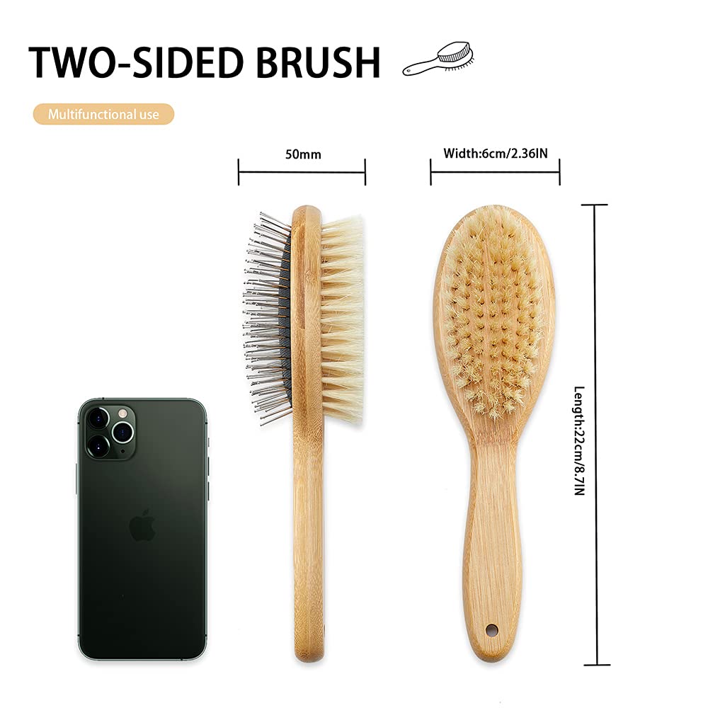 Dog Brush Cat Brush, Vokiuler Double Sided Bristle and Pin Pet Brush for Dog Grooming, Real Boar Bristle Shedding Brush with Bamboo Handle for Long Short Hair, 2 Pack Dog Comb, White