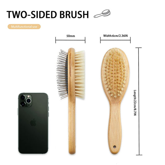 Dog Brush Cat Brush, Vokiuler Double Sided Bristle and Pin Pet Brush for Dog Grooming, Real Boar Bristle Shedding Brush with Bamboo Handle for Long Short Hair, 2 Pack Dog Comb, White