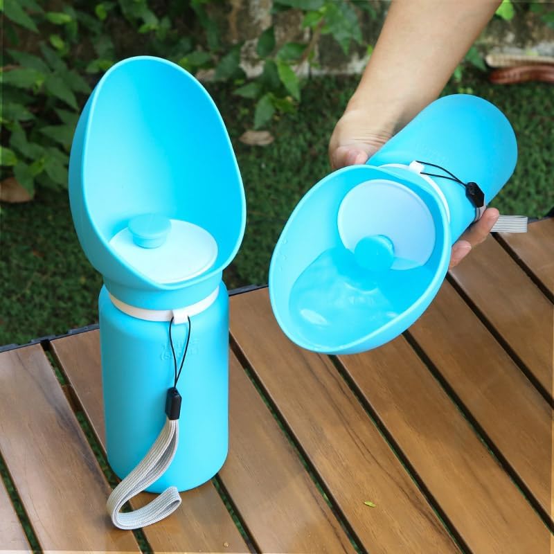 Collapsible Dog Water Bottle, 19oz Portable Pet Travel Water Cup with Built‑in Bowl, Leak Proof Food Grade Silicone, One Hand Operated Outdoor Dispenser for Walking Hiking Camping (Sky Blue)