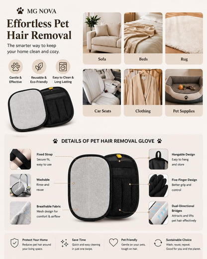 Pet Hair Remover Gloves (2 Pack) for Furniture & Clothes - Reusable Lint Cleaning Mitt for Dog & Cat Hair - Sofa, Car, Couch & Home - Easy to Use & Wash