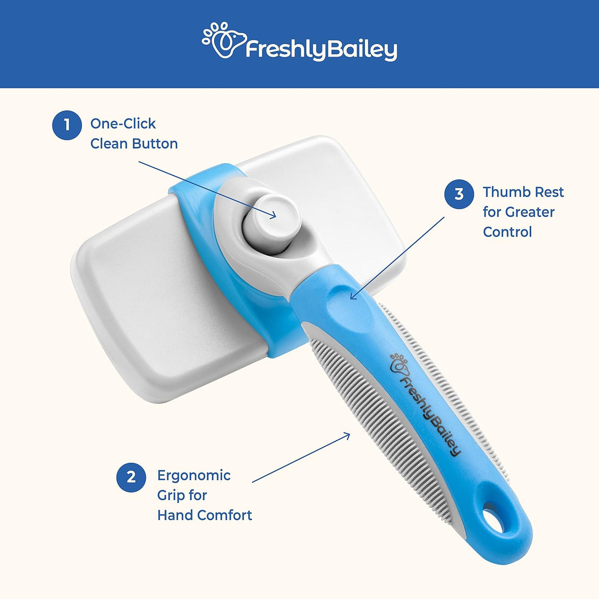 Freshly Bailey Self Cleaning Slicker Brush for Dogs and Cats - Hair Brush for Medium to Long-haired Pets - Effective, Comfortable, and Easy to Clean - White and Blue